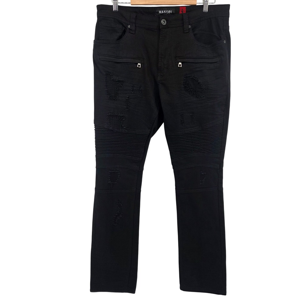 Makobi Biker Moto Jeans Mens‎ 38x34 Black Distressed Slim Streetwear Zip Pockets
